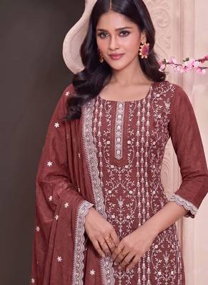 Rust summer wear rangoli silk straight suit for women 2