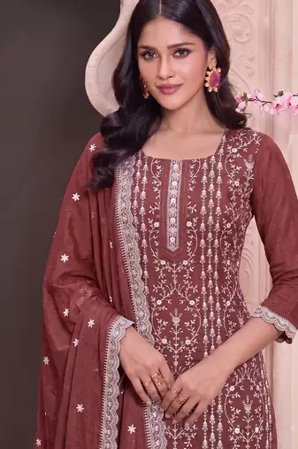 Rust summer wear rangoli silk straight suit for women