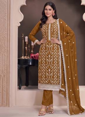 Mustard summer wear rangoli silk straight suit for women 1