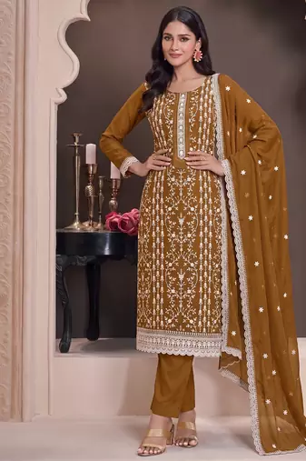 Mustard summer wear rangoli silk straight suit for women