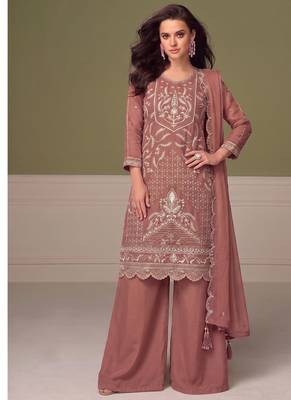 Beautiful peach chiffon silk hand embroidery suit for women 1