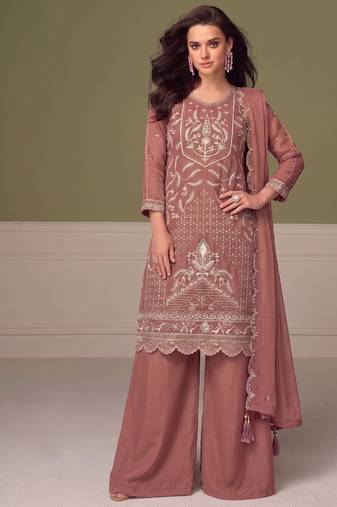 Beautiful peach chiffon silk hand embroidery suit for women