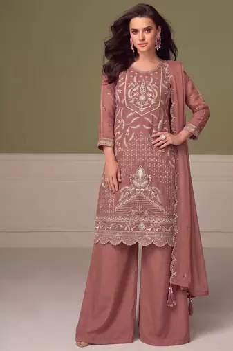 Beautiful peach chiffon silk hand embroidery suit for women