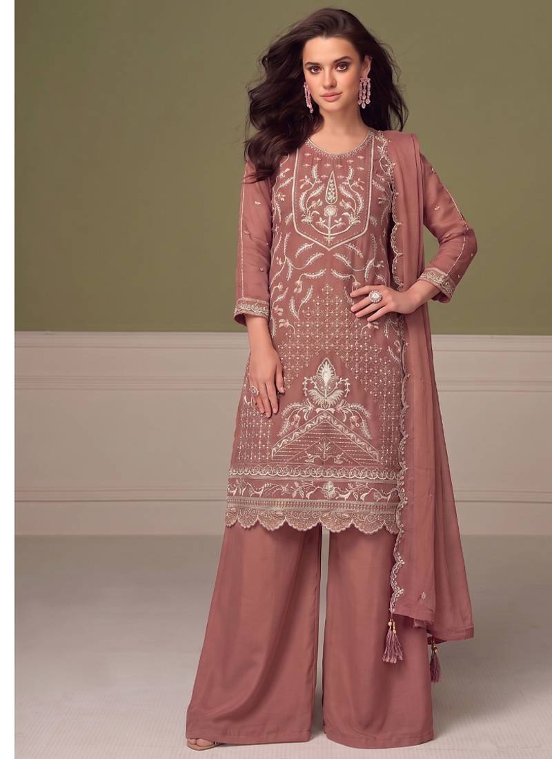 Beautiful peach chiffon silk hand embroidery suit for women