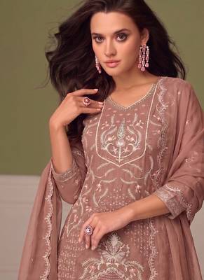 Beautiful peach chiffon silk hand embroidery suit for women 2