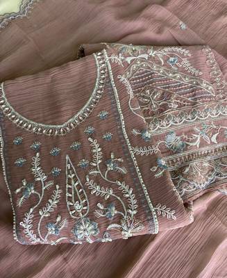 Beautiful peach chiffon silk hand embroidery suit for women 3
