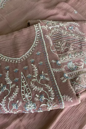 Beautiful peach chiffon silk hand embroidery suit for women