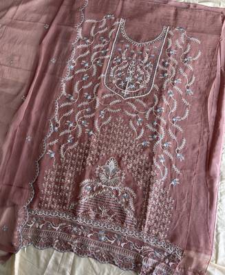 Beautiful peach chiffon silk hand embroidery suit for women 4