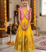 Kids lavendar color  girls ethnic peacock motif woven yellow   gown with brocade jacket koti