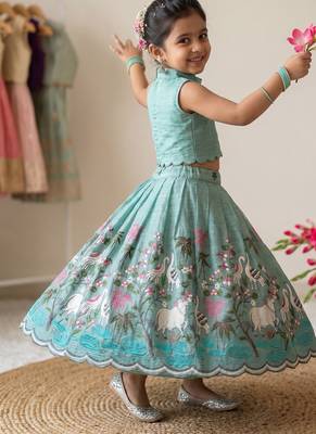 New girls sky blue pichwai embroidered lehenga choli set 4