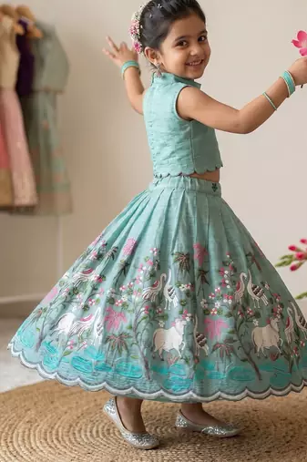New girls sky blue pichwai embroidered lehenga choli set