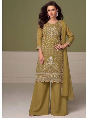 Beautiful mustard chiffon silk hand embroidery suit for women 1