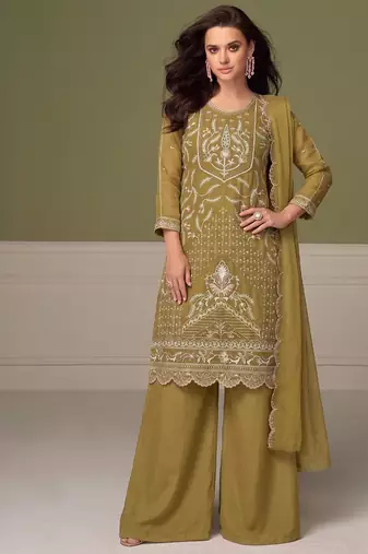 Beautiful mustard chiffon silk hand embroidery suit for women