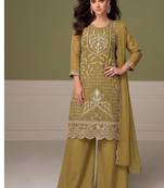 Beautiful mustard chiffon silk hand embroidery suit for women