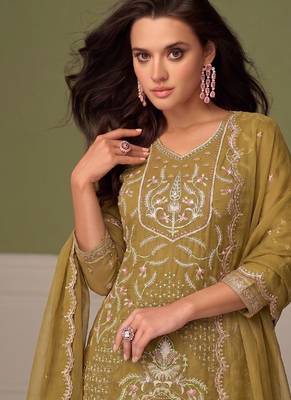 Beautiful mustard chiffon silk hand embroidery suit for women 2