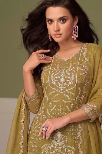 Beautiful mustard chiffon silk hand embroidery suit for women