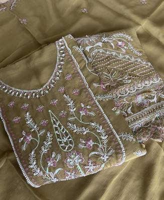 Beautiful mustard chiffon silk hand embroidery suit for women 3