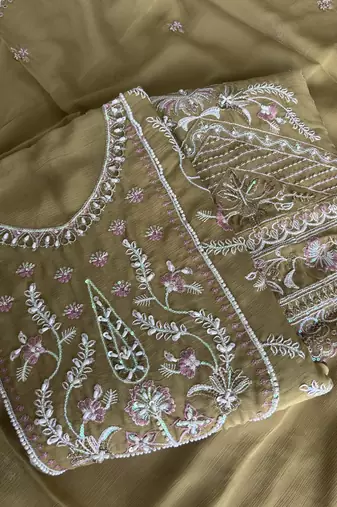 Beautiful mustard chiffon silk hand embroidery suit for women