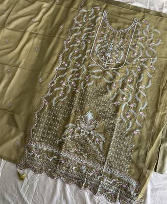 Beautiful mustard chiffon silk hand embroidery suit for women 4