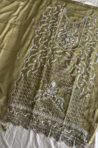 Beautiful mustard chiffon silk hand embroidery suit for women