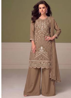 Beautiful beige chiffon silk hand embroidery suit for women 1
