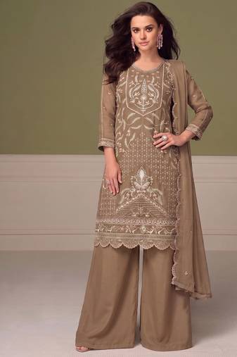Beautiful beige chiffon silk hand embroidery suit for women