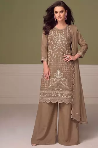 Beautiful beige chiffon silk hand embroidery suit for women