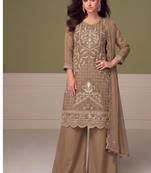 Beautiful beige chiffon silk hand embroidery suit for women