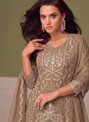 Beautiful beige chiffon silk hand embroidery suit for women 2