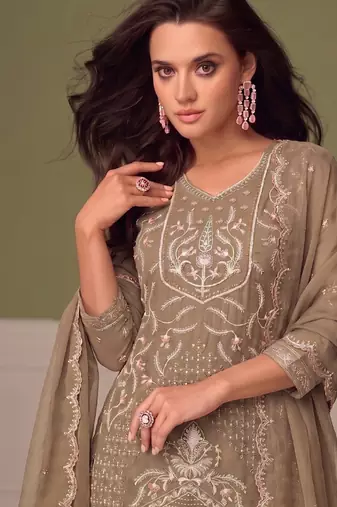Beautiful beige chiffon silk hand embroidery suit for women