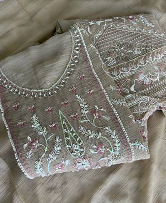 Beautiful beige chiffon silk hand embroidery suit for women 3