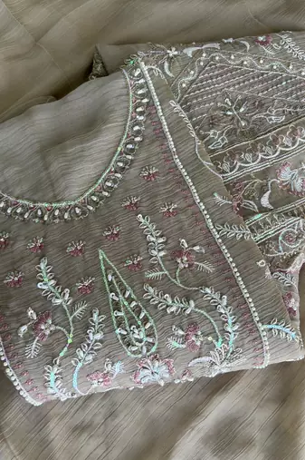 Beautiful beige chiffon silk hand embroidery suit for women
