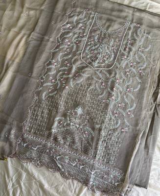 Beautiful beige chiffon silk hand embroidery suit for women 4