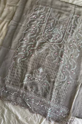 Beautiful beige chiffon silk hand embroidery suit for women