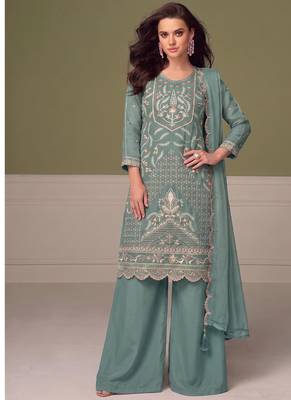 Beautiful sky blue chiffon silk hand embroidery suit for women 1