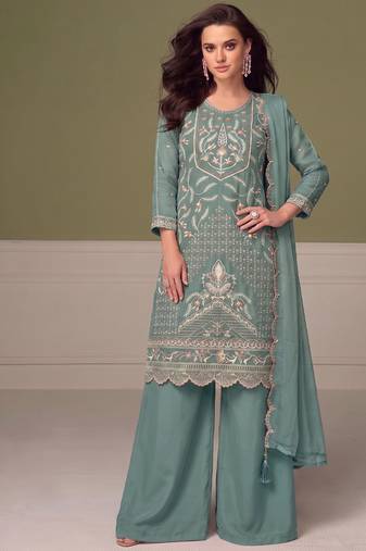 Beautiful sky blue chiffon silk hand embroidery suit for women