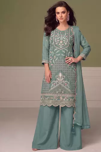 Beautiful sky blue chiffon silk hand embroidery suit for women