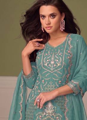 Beautiful sky blue chiffon silk hand embroidery suit for women 2