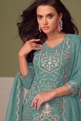 Beautiful sky blue chiffon silk hand embroidery suit for women