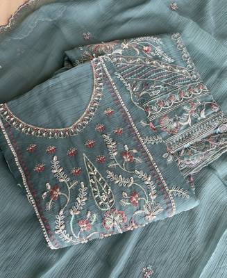 Beautiful sky blue chiffon silk hand embroidery suit for women 3