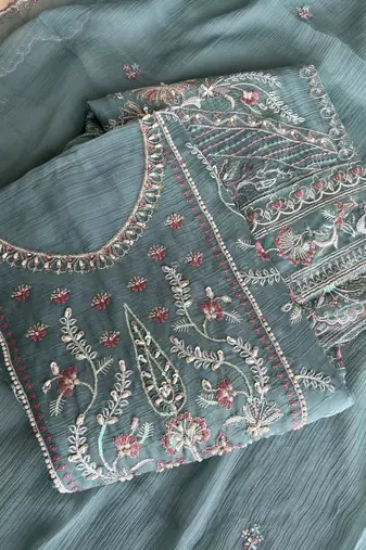 Beautiful sky blue chiffon silk hand embroidery suit for women