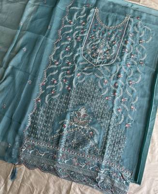 Beautiful sky blue chiffon silk hand embroidery suit for women 4