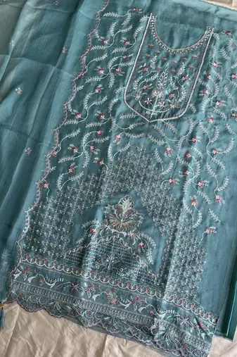 Beautiful sky blue chiffon silk hand embroidery suit for women