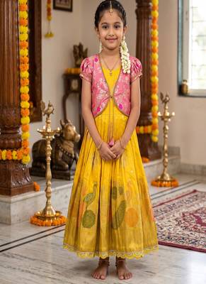 mustard silk girls gown with brocade koti jacket  4