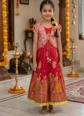 red silk girls gown with brocade koti jacket  1