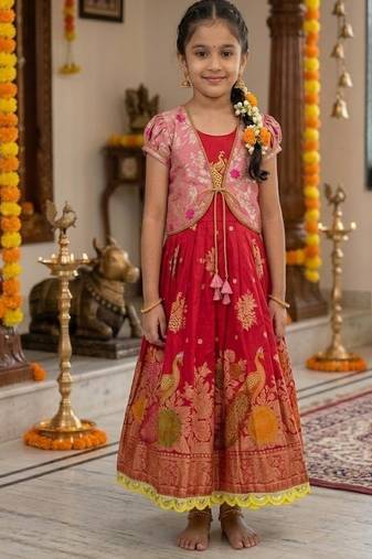 Kids lavendar color girls ethnic peacock motif woven red gown with brocade jacket koti