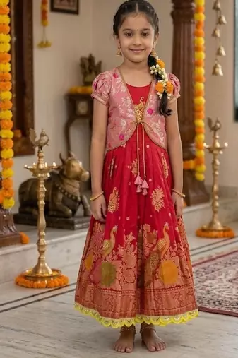 Kids lavendar color  girls ethnic peacock motif woven red  gown with brocade jacket koti