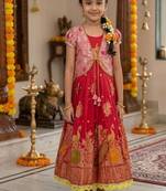 Kids lavendar color  girls ethnic peacock motif woven red  gown with brocade jacket koti