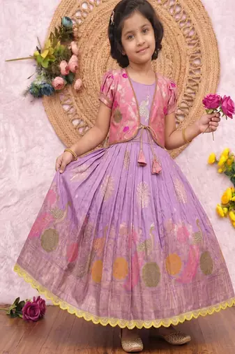 Kids lavendar color girls ethnic peacock motif woven gown with brocade jacket koti