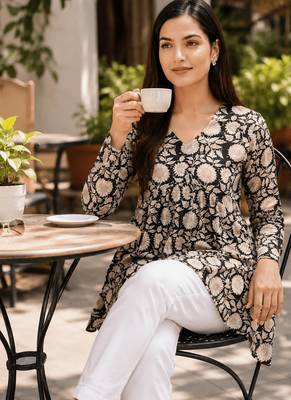 Anushil floral printed short kurti for women | cotton blend a-line tunic top | v-neck gathered top 4